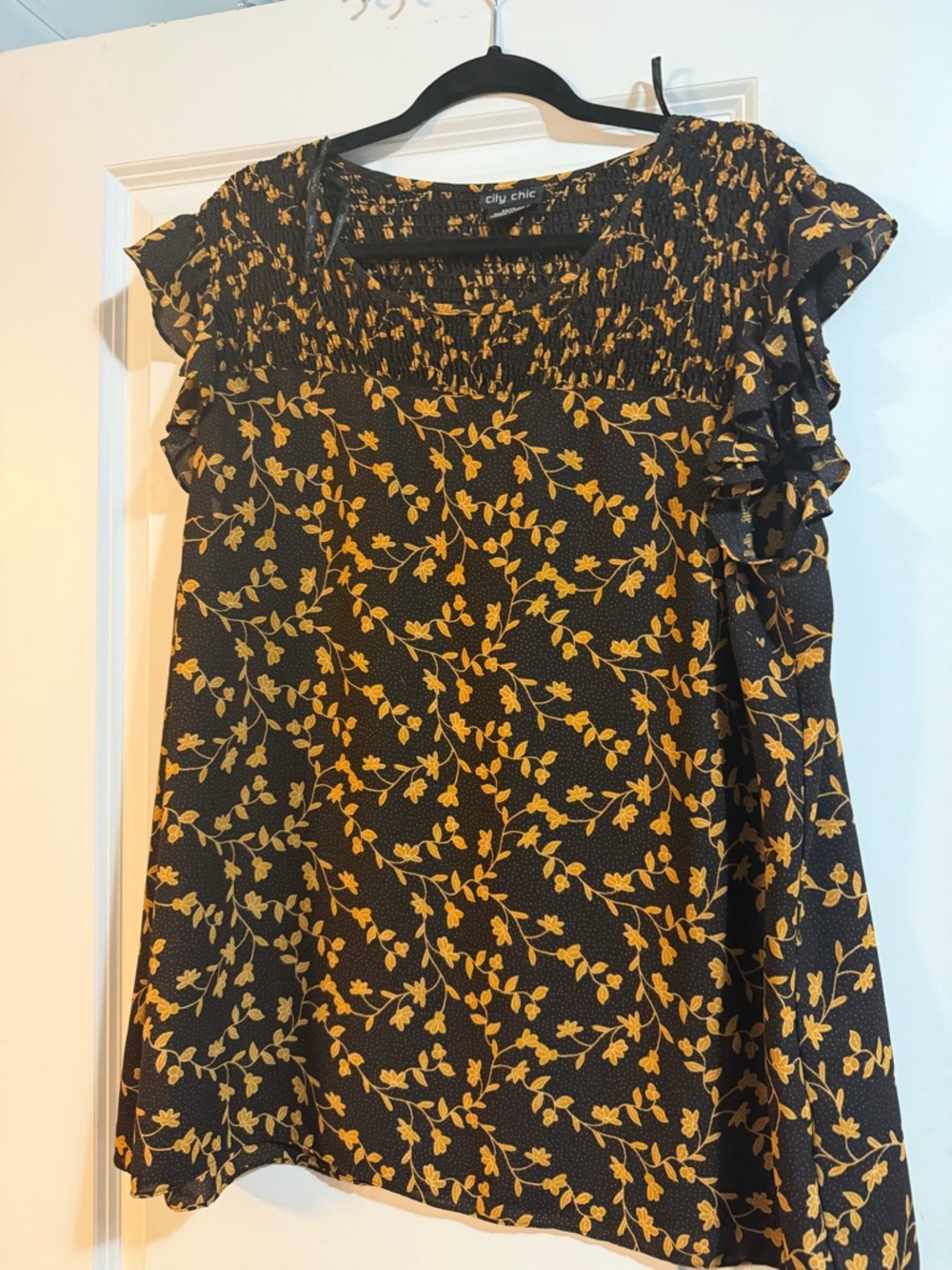 City Chic Black Blouse with Mustard Floral Print - Size M/18